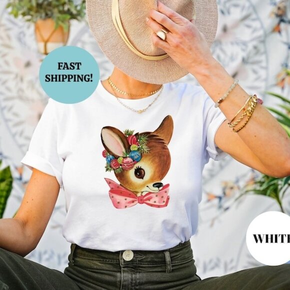Unbranded Tops - Retro Reindeer Christmas Shirt Gift for Her, Vintage Cottagecore Christmas Shirt